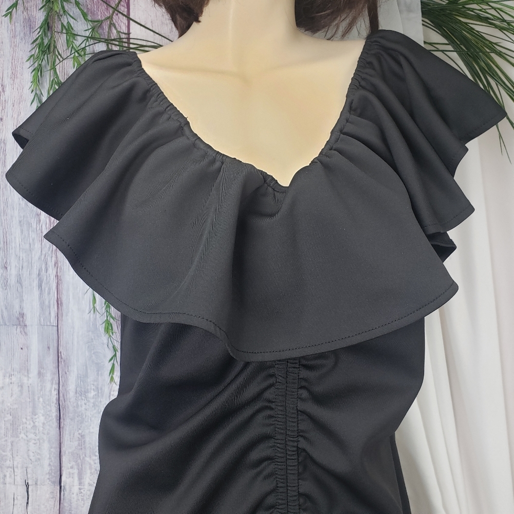 Black Rouched and Ruffled Cocktail Dress by Bloom Chic - Picture 5 of 13
